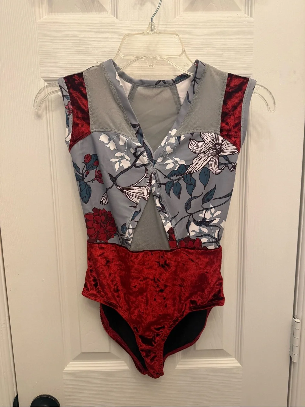 Girls' Floral Velvet Red & Gray Dance Bandeau Costume child large